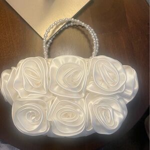 Dolce Vita White Satin Rose Appliqué Pearl-Handle Clutch